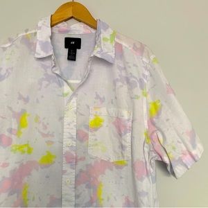 Multicolor Tie Dye Short Sleeve Collar Button Up Tee Shirt Top in White (L)